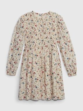 GAP Cream Floral Smocked Long-Sleeve Dress with Gold Accents in Size 6-7